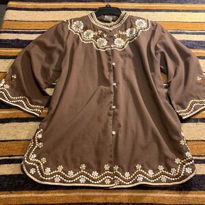 Vintage Brown Embroidered Blouse Button Down Cottagecore Floral Granny Indie L‎